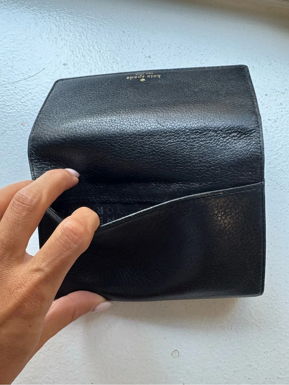 Kate Spade New York Black Leather Trifold Wallet Gold Logo